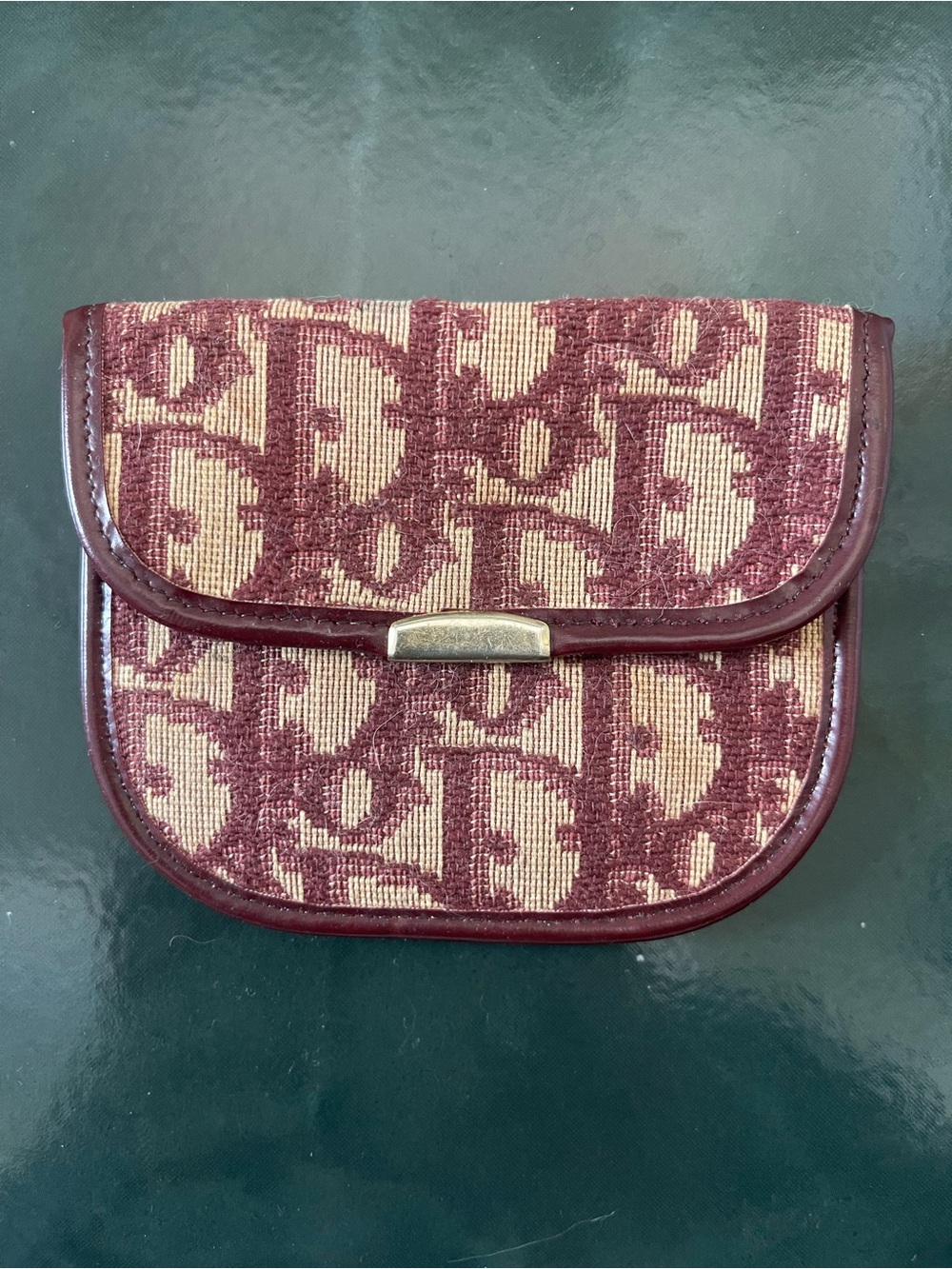 Vintage Dior Monogram Canvas & Leather Coin Purse in Burgundy and Beige